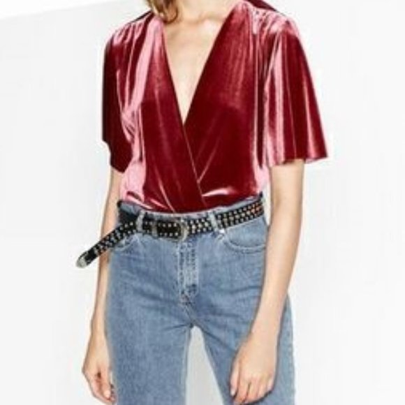 ZARA Accessories Low Cut V Neck Velvet Burgundy Bodysuit with Snaps Small - Picture 2 of 13